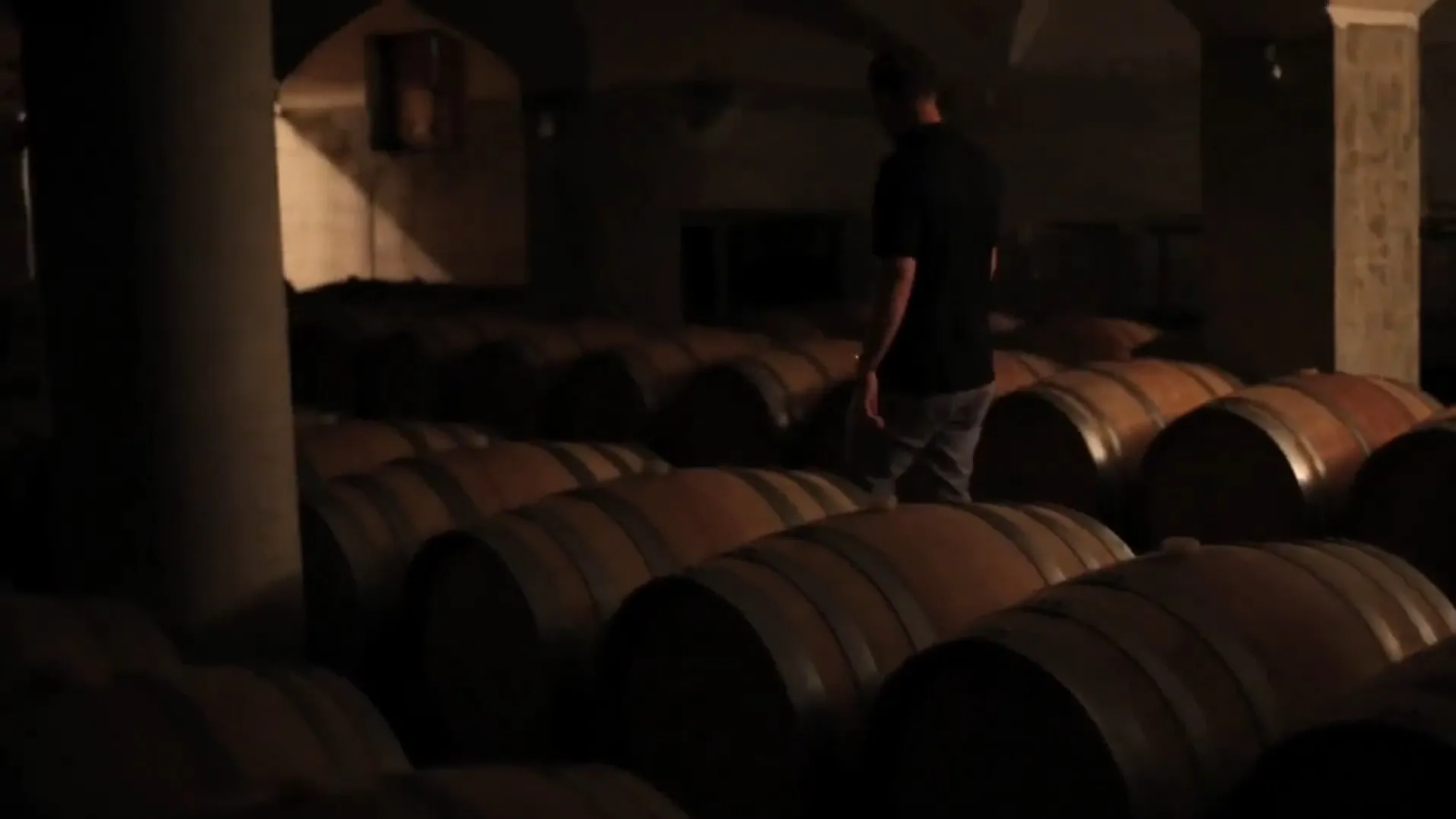 A person walking between rows of wooden wine barrels in a dimly lit cellar.